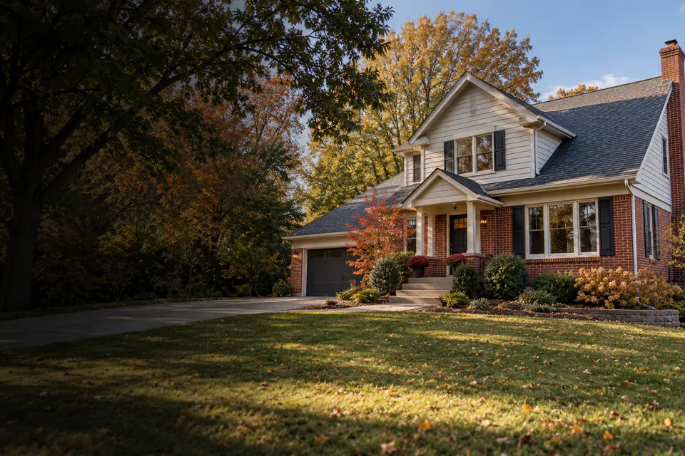 Foundation Repair Omaha NE website cover with traditional red-brick and painted siding Midwestern house with a visible concrete foundation and mature trees