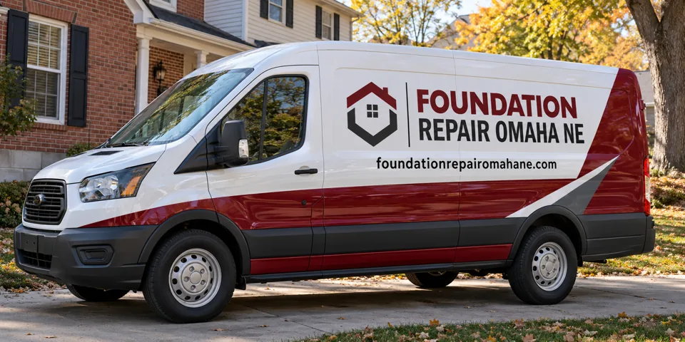 Foundation Repair Omaha NE branded van beside a home